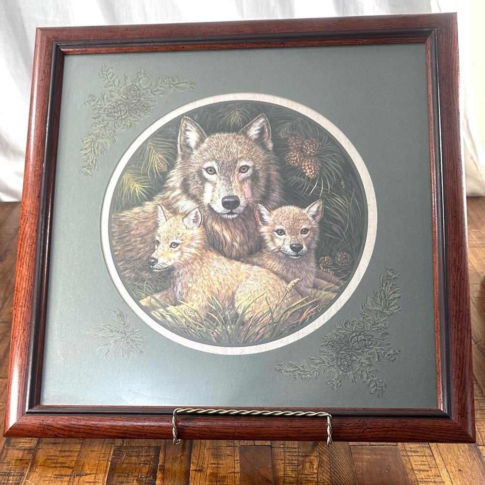 Vintage Wolf Family Framed Wall Art Woodland Wildlife Cottagecore Cabin Man Cave